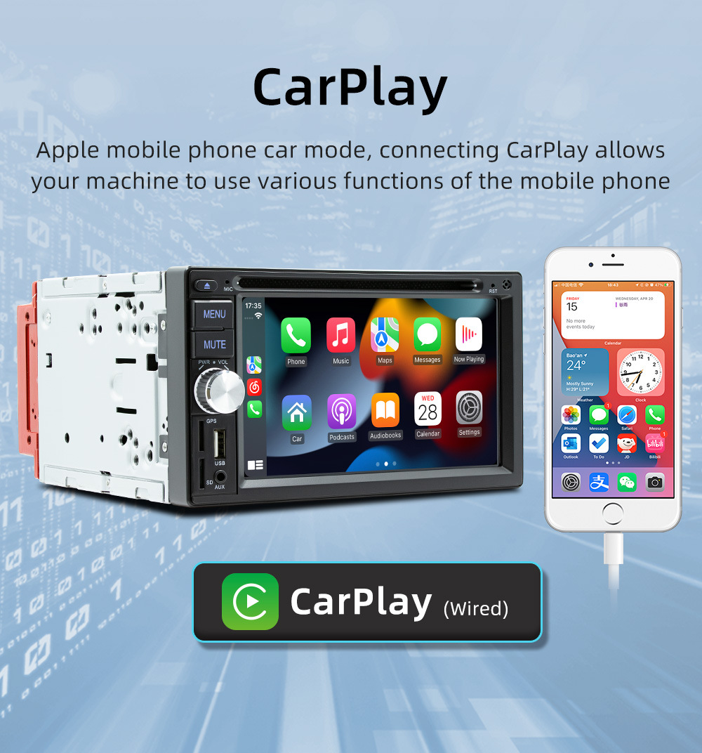 Wired Carplay 6.2inch Dual-Station Car Dvd Cd Bluetooth Mp5 Player Hd Reversing Image 12V