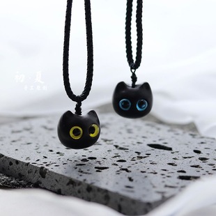 Ebony Lucky Cat Necklace Lucky Cat Pendant New Long Couple Bestie Versatile Sweater Chain Men and Women Accessories