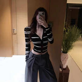 2025设计感小众微透蕾丝后背拼接条纹开衫女单排扣针织衫长袖上衣