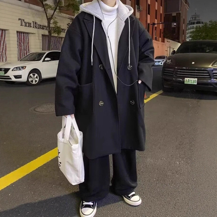 Black mid-length over-the-knee wool coat for men, winter Korean style, high-end feel, loose fit, faux two-piece design, plus size trench coat.