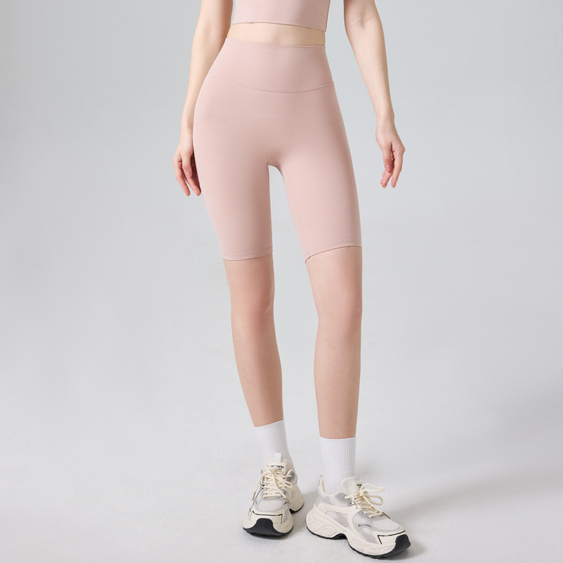 Nylon 66 pantalones cortos de yoga sin líneas avergonzadas, pantalones de gimnasio de cintura alta y abdomen cerrado para correr pantalones deportivos apretados para mujeres