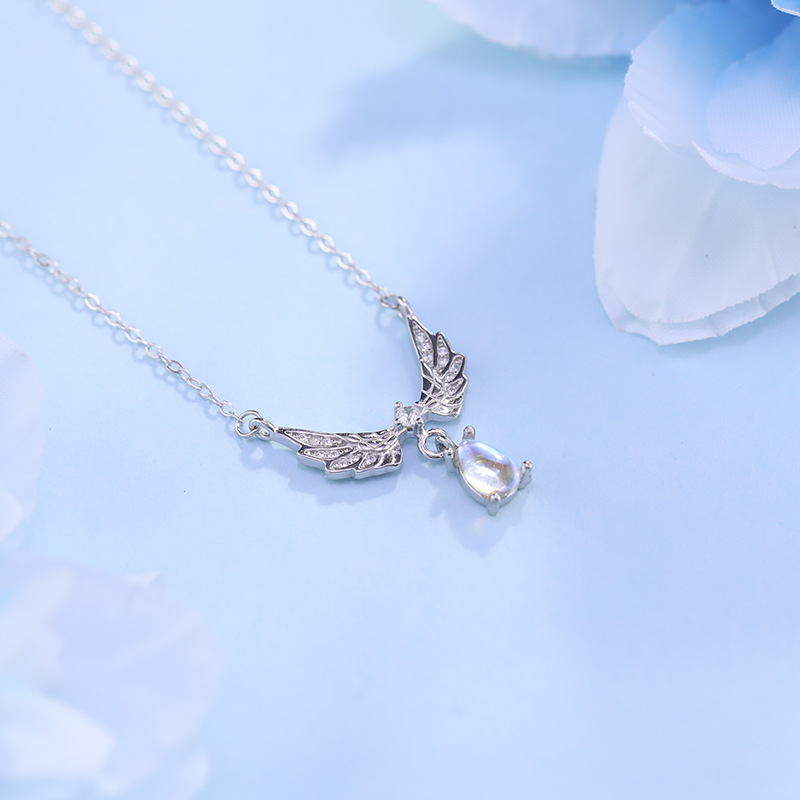 Collana con ali d'angelo in argento sterling per donna, lusso versatile, ali piccole e uniche, ciondolo in pietra al chiaro di luna_voghion.com