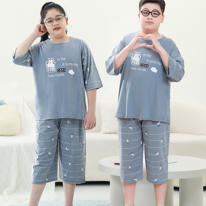 太った子供服の男の子の大きいサイズの夏服の薄いタイプのエアコンの服は肥えて家の服の青少年のパジャマの2セットのファッションを増加します。|undefined