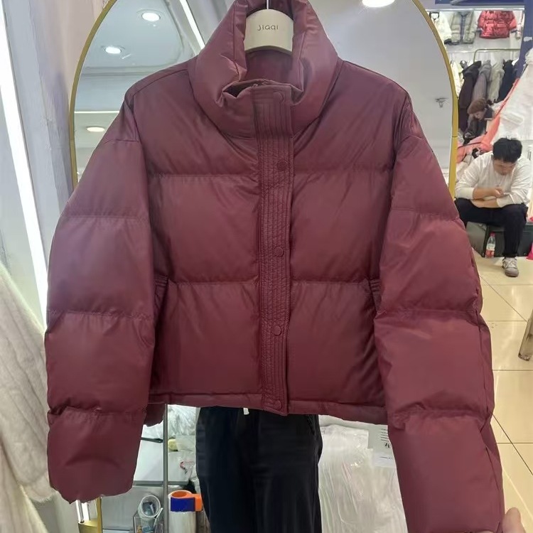 2024 일회용 PU 면 패딩 코트 여성용 짧은 겨울 두꺼운 칼라 빵 세트 작은 재킷 블랙 다크 브라운