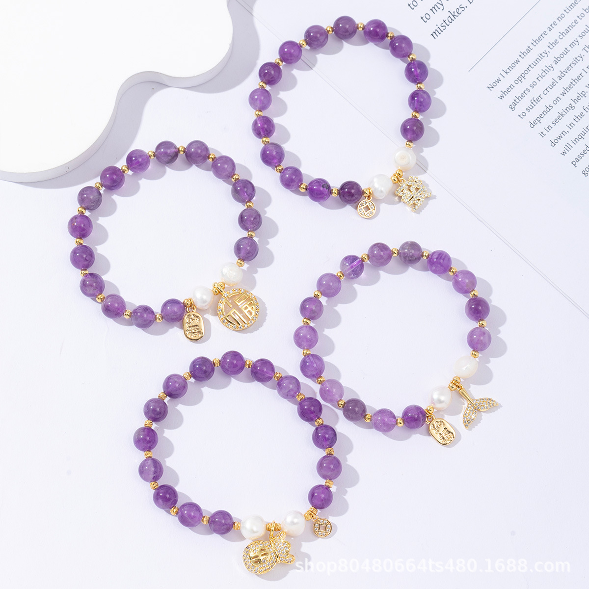 Brazalete de piedra natural amatista, brazalete de perlas de agua dulce chapado en oro real de cobre de 18 quilates, accesorios de piedra amista, joyas de alta calidad image 1