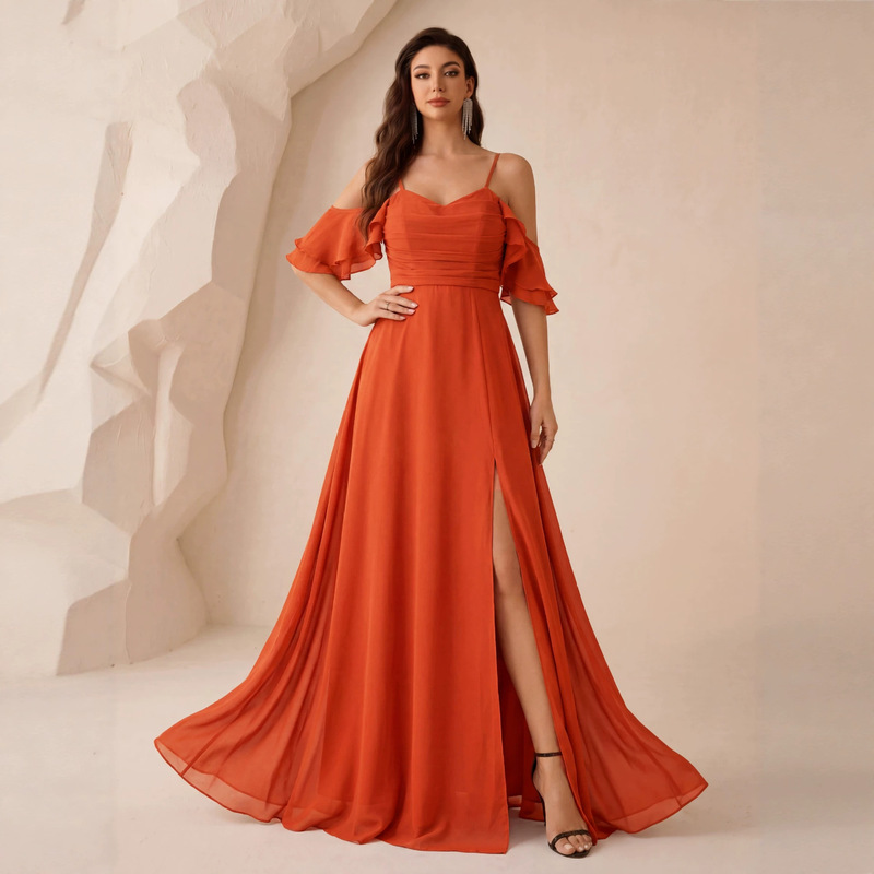 Women's Spaghetti Strap Backless Dress 2026 Amazon European and American Style Pleated Slit Chiffon Bridesmaid Evening Gown Women's Spaghetti Strap Backless Dress 2026 Amazon European and American Style Pleated Slit Chiffon Bridesmaid Evening Gown