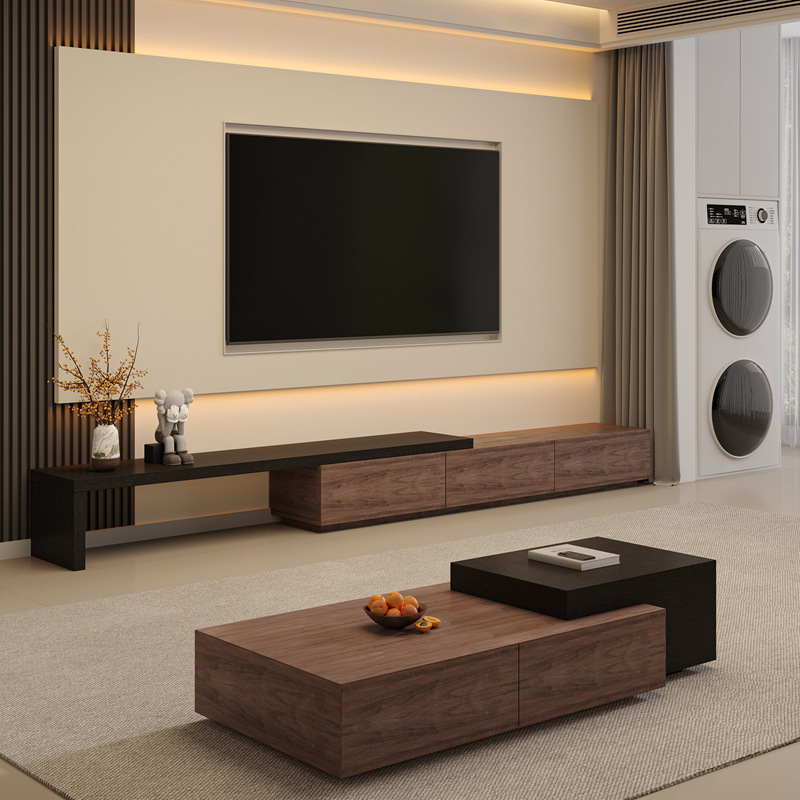 Tv Cabinet Modern Simple Small Apartment Living Room Walnut Black Retractable Solid Wood Tv Cabinet Coffee Table Combination