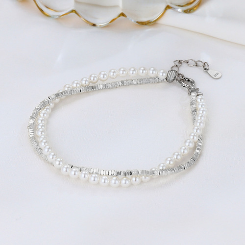 s925 sterling silver pearl square broken silver double-layer bracelet light luxury high-end temperament jewelry broken silver jewelry