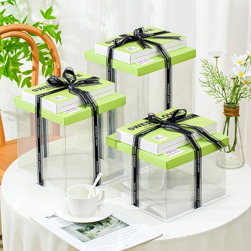 Caja de pastel de cumpleaños Caja de pastel totalmente transparente Nueva caja de embalaje de pastel con sello de cintura 6 6 8 8 10 10 12 pulgadas simple y doble