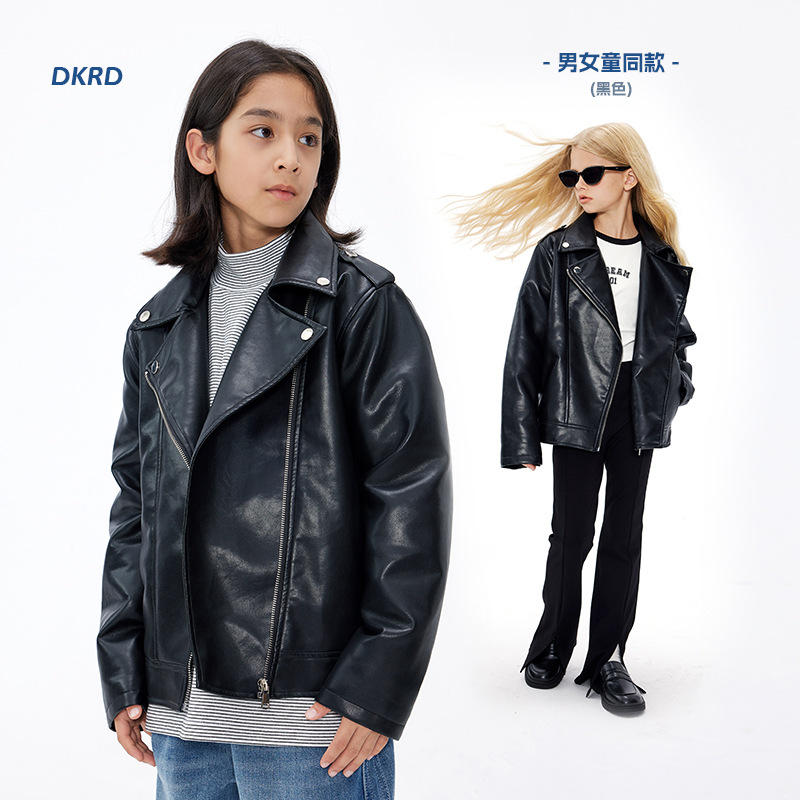 DK children's clothing 23 autumn and winter clothing for girls and boys, warm motorcycle jacket for middle-aged children, handsome leather jacket for children, cotton jacket trend