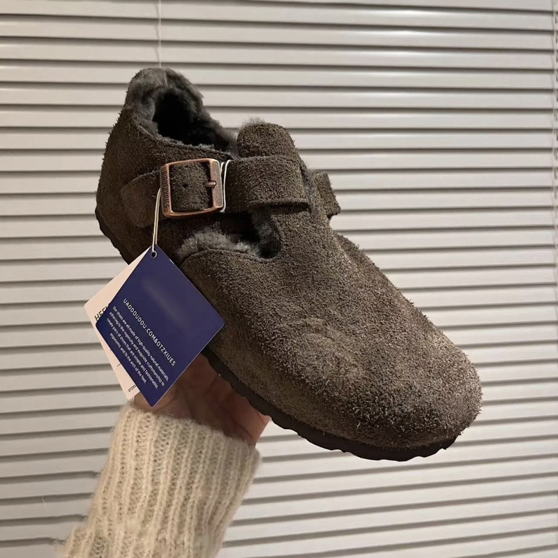 Cowhide retro fleece-lined full-cover Birkenstock-style women's shoes, 2026 autumn/winter new casual outdoor thick-soled warm fur shoes Cowhide retro fleece-lined full-cover Birkenstock-style women's shoes, 2026 autumn/winter new casual outdoor thick-soled warm fur shoes