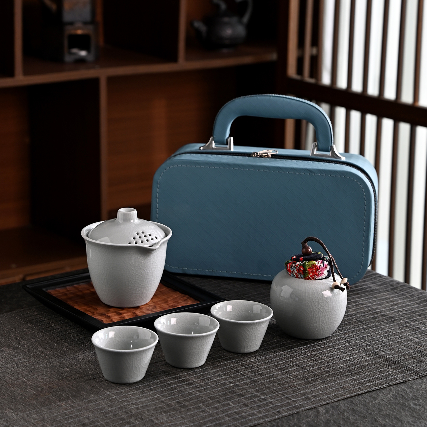 ru ware natural crack travel tea set ceramic quick cup three cups outdoor tea canister souvenir portable gift