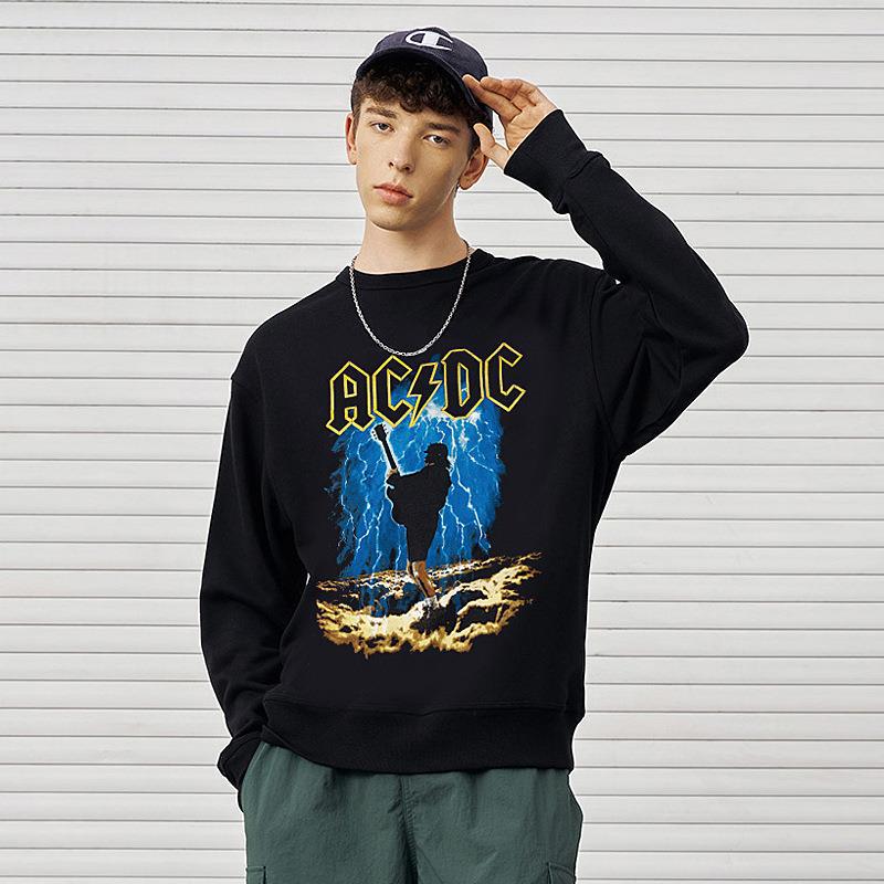 Fashionable Brand Men's Clothing European and American Kanye Kanye Acdc Rock Band Retro Printed Loose Round Neck Velvet Sweatshirt Fog