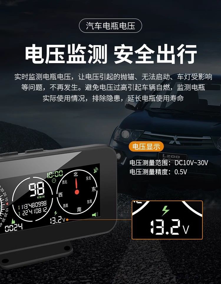 Car Hud Head-Up Display Universal Gps Speedometer Altitude Compass Off-Road Slope Meter Hd