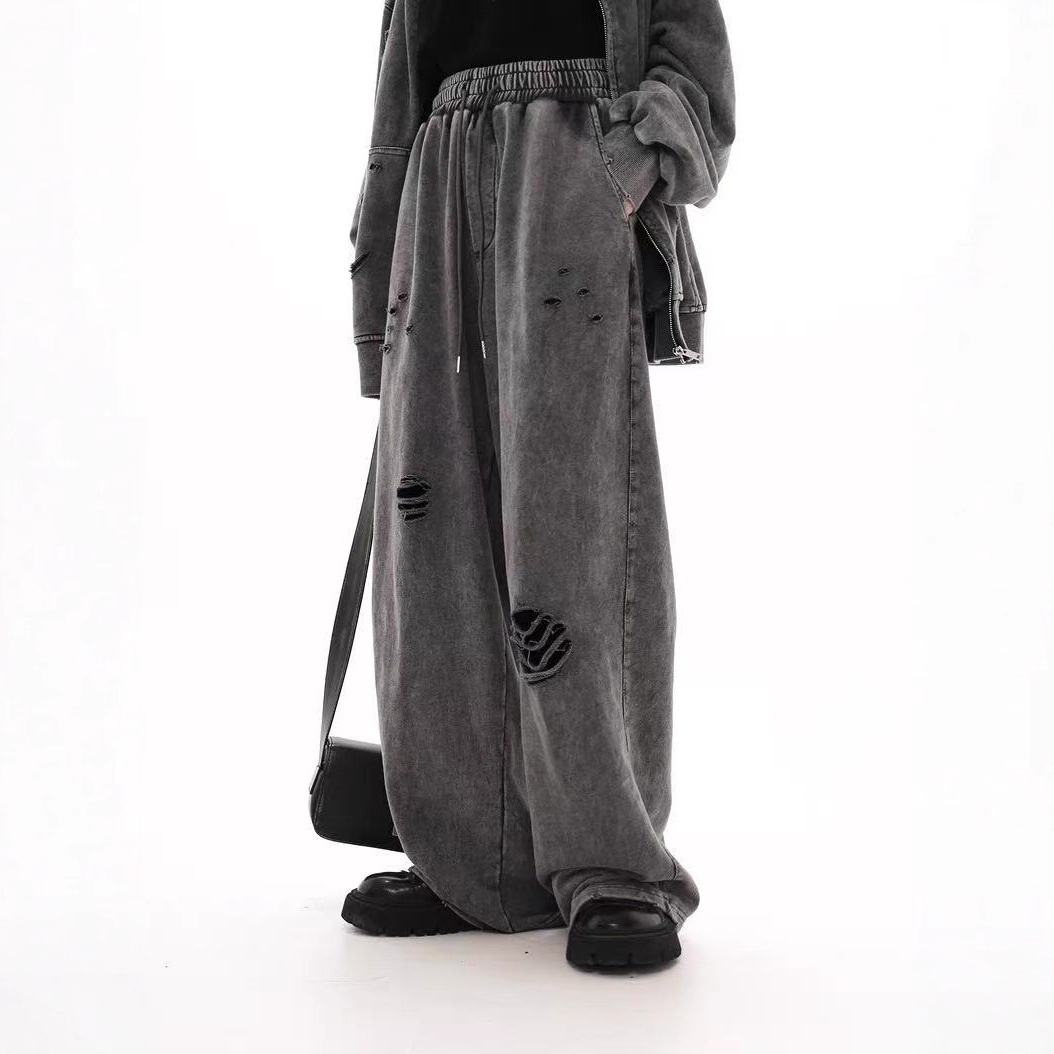 Moletom com capuz rasgado estilo europeu e transfronteiriço para homens, lavagem reforçada, modelagem folgada, versátil estilo vintage para casais._voghion.com