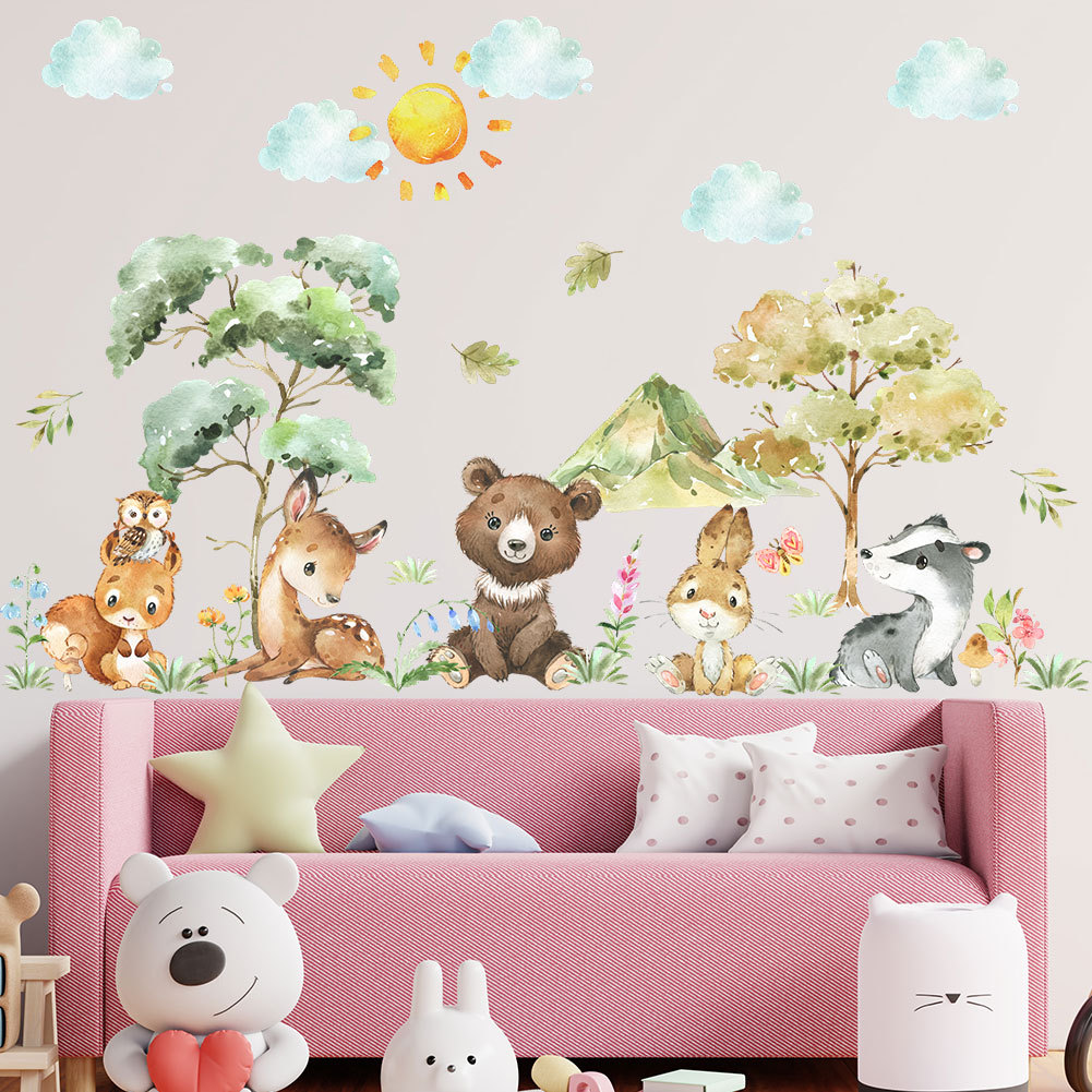 Watercolor bear deer wall stickers cartoon forest animal living room bedroom background wallpaper self-adhesive removable stickers