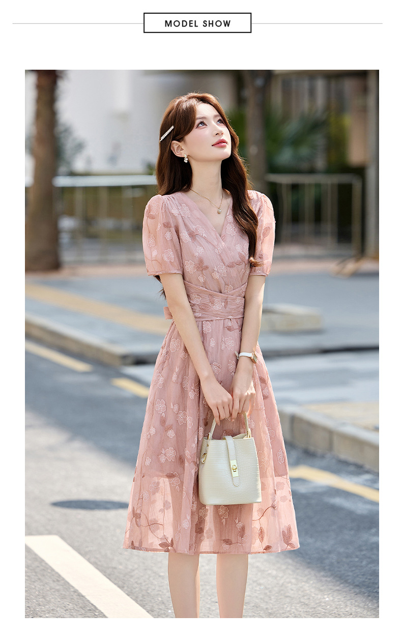 Đầm maxi nữ thắt eo tay bồng họa tiết hoa nhỏ cổ chữ V phong cách tea dress — Màu hồng, màu vàng chi tiết 20