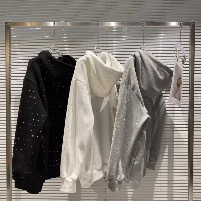 Men's Clothing Extra Large Size 2 300 Pounds Fat M Spring And Autumn Starry Rhinestone Hot Diamond Shiny Loose Pullover Hooded Sweatshirt For Women_voghion.com