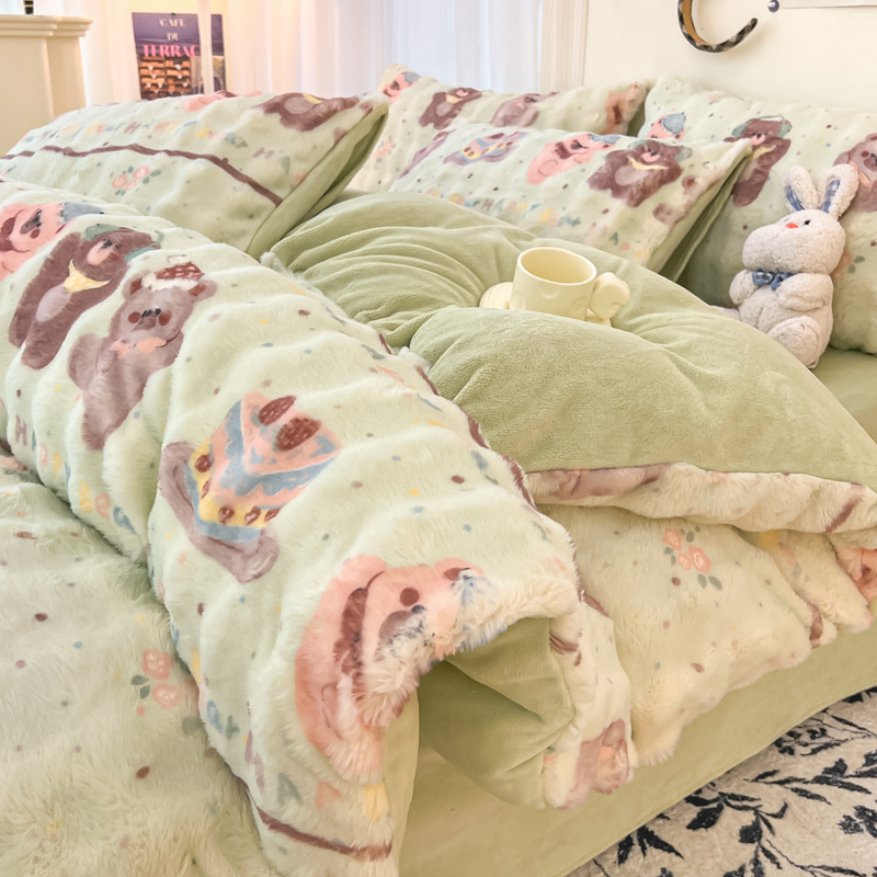 2024 nuevo traje de cuatro piezas de felpa de conejo de invierno más terciopelo de lana de leche franela de coral funda de edredón sábana de invierno