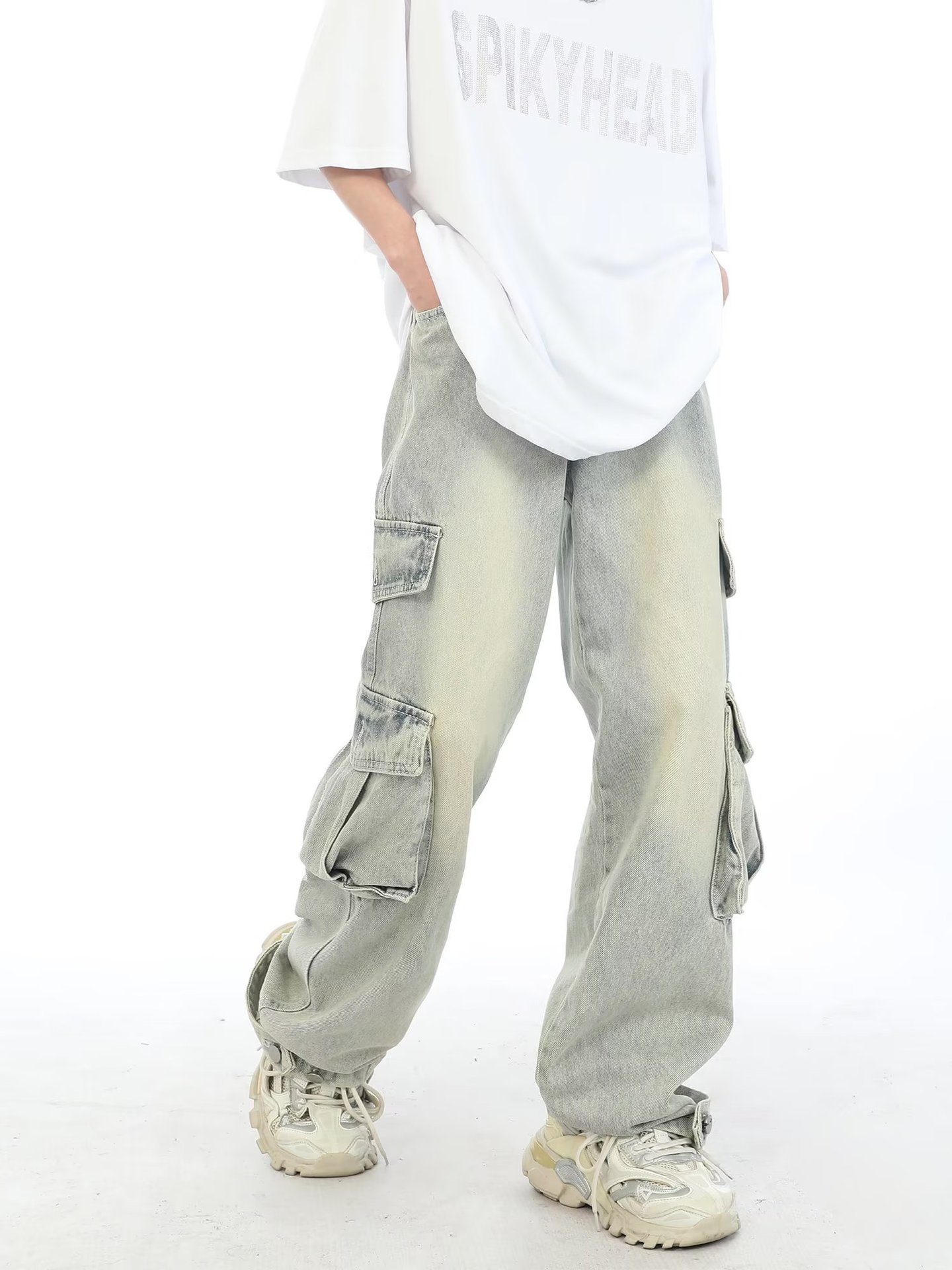 Jeans cargo multitasche stile retrò americano da uomo, pantaloni lunghi lavati vintage, stile streetwear pesante_voghion.com