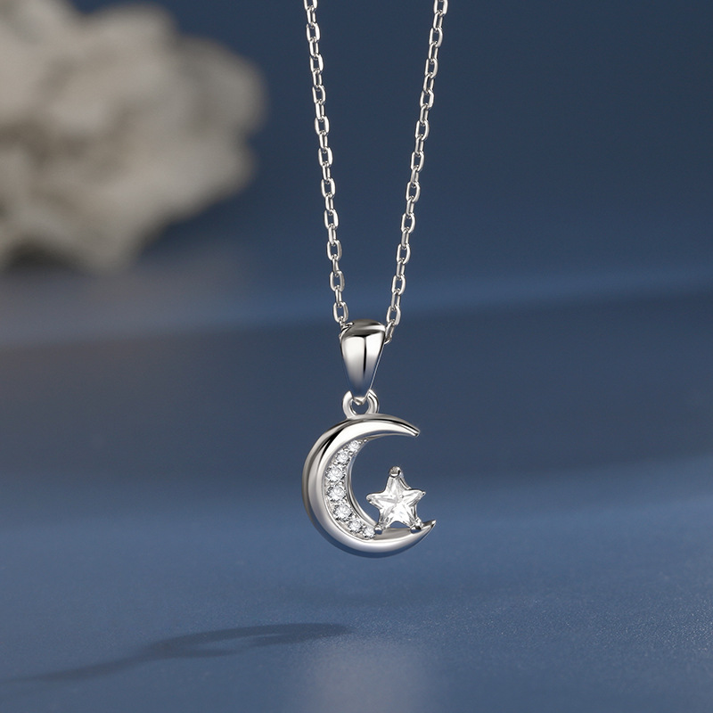 925 plata esterlina colgante estrella-luna incrustado collar de zircón mujer japonés y coreano nicho diseño estrella serie collar de collar clavícula