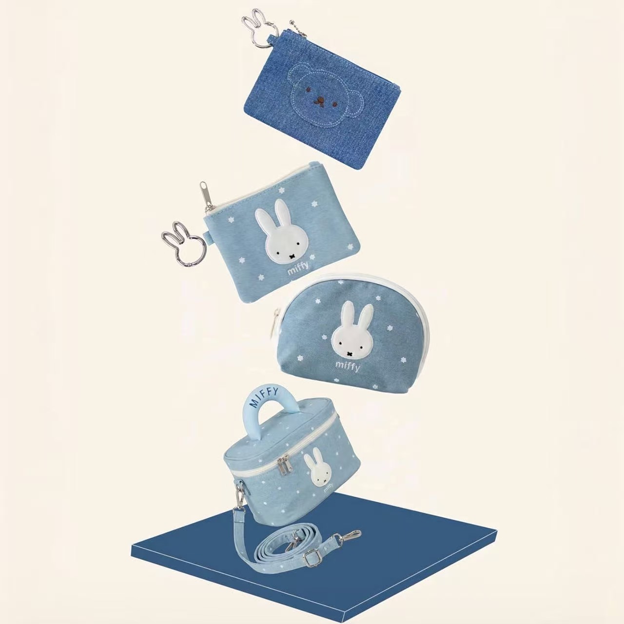 In-Stock Miffy Rabbit Head Embroidered Card Holder Cute Student Id Coin Purse Blue Denim Makeup Storage Bag