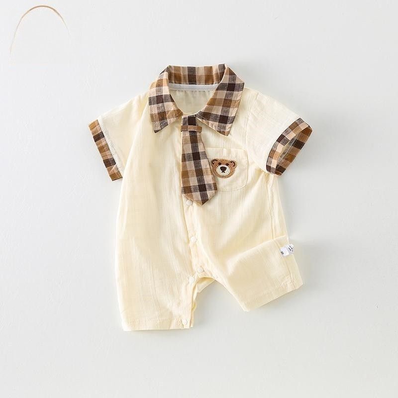 韓国風ベビー夏服、男の子ベビーカレッジスタイル半袖ジャンプスーツ、夏薄手満月百日服、トレンディ|undefined