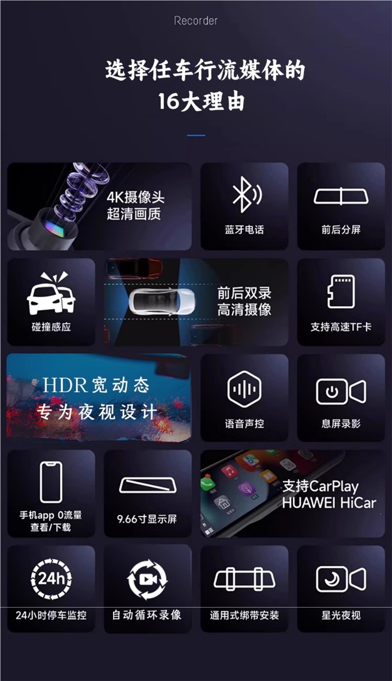 4K High-Definition Streaming Rearview Mirror Dash Cam 2026 New Model with Dual Front and Rear Cameras Compatible with Carplay Huawei