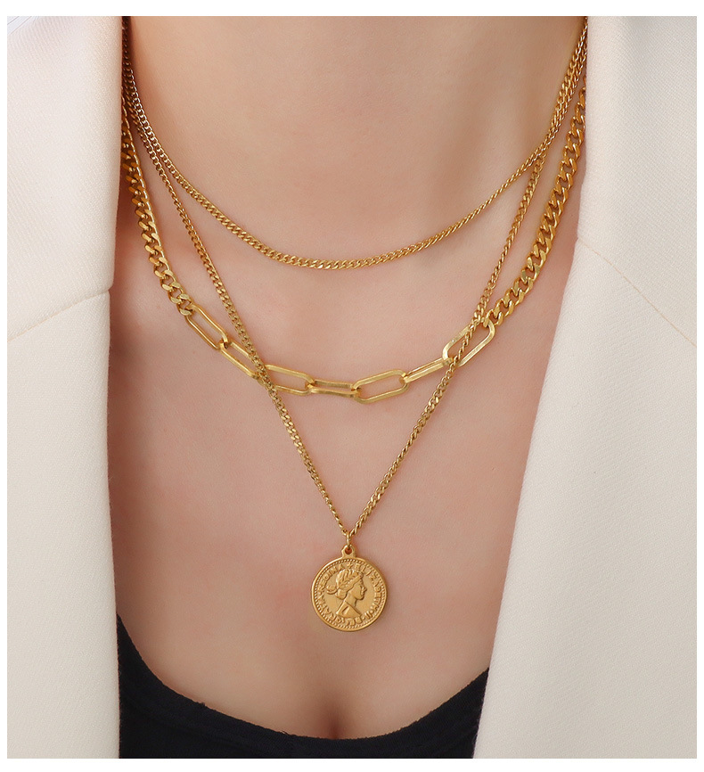 Women'S Gender Plating Design Personality Trend Multi-layer Necklace Round Portrait Pendant Titanium Steel