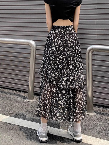 Chiffon Floral Ruffled High-Waisted Slit Skirt for Women | Spring/Summer Loose-Fitting, Slimming, and Versatile Midi Dress
