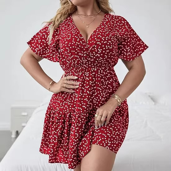 Amazon Ebay European and American Cross-Border Women's New V-Neck Ruffled Short-Sleeve Wrap Dress Slimming Plus-Size Dress for Women Amazon Ebay European and American Cross-Border Women's New V-Neck Ruffled Short-Sleeve Wrap Dress Slimming Plus-Size Dress for Women