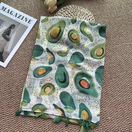 春夏季棉麻围巾女清新牛油果印花吊须多功能外搭丝巾旅游防晒披肩