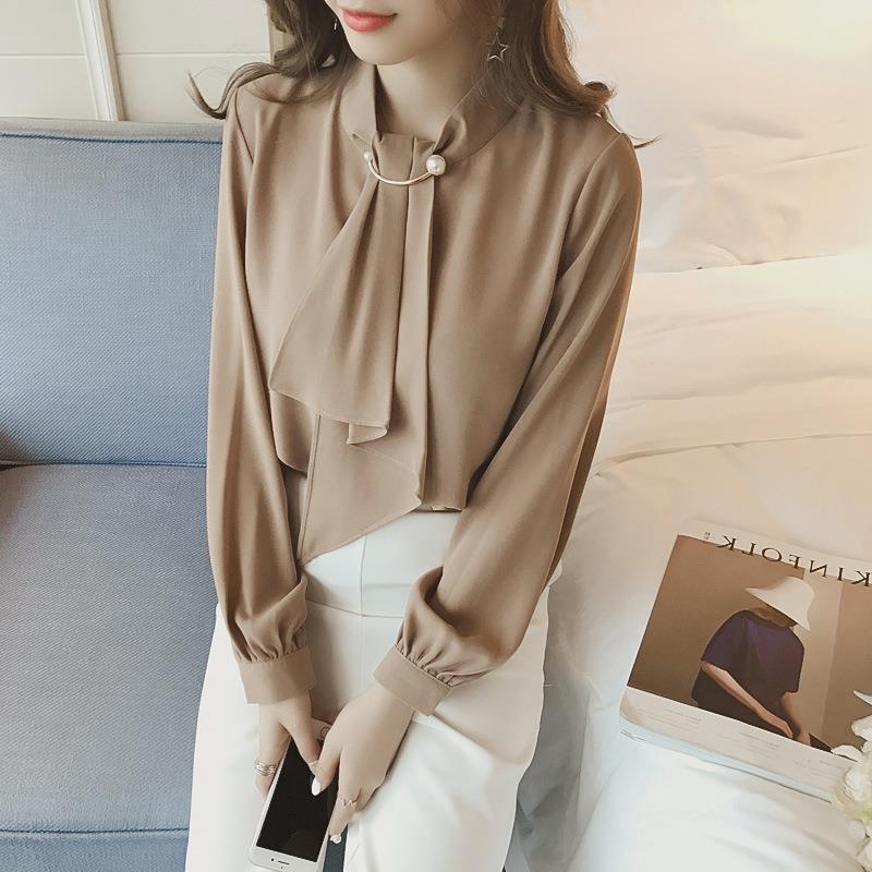 Shirt Solid Color Spring and Autumn Fashion Lantern Sleeve Korean Style Chiffon Blouse Women's Long Sleeve Top Design New Loose