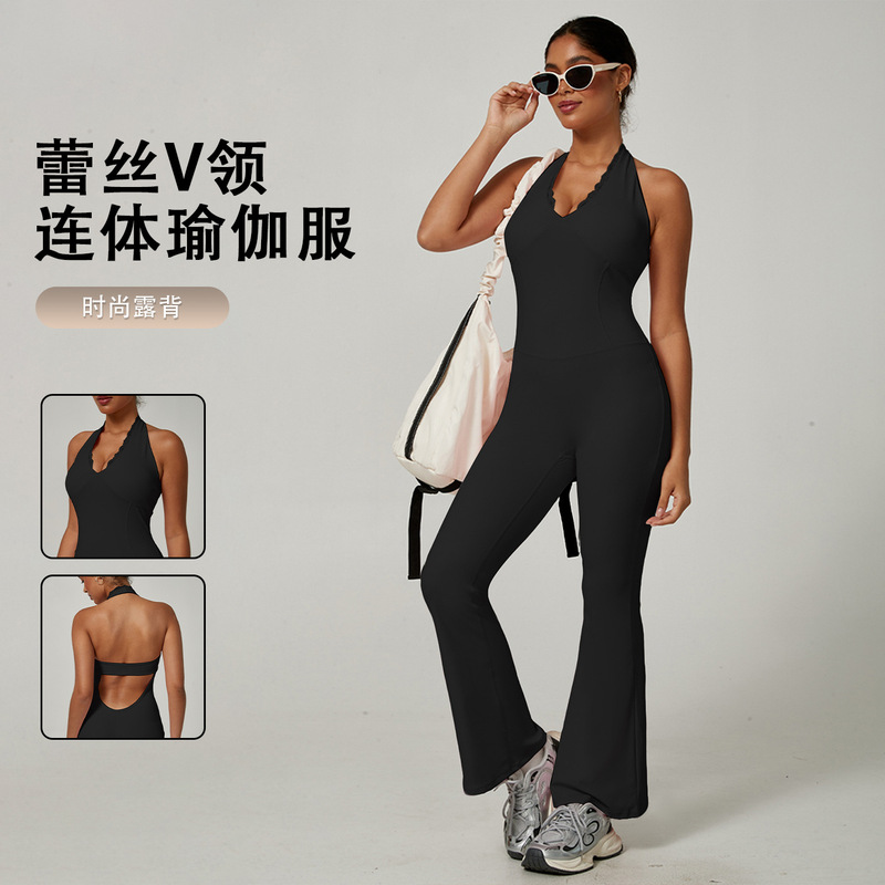 Cross-Border Hot-Selling Lace V-Neck One-Piece Yoga Outfit, Halter Neck, Backless, Tight-Fitting Sportswear, Naked-Feel Jumpsuit with Flared Pants