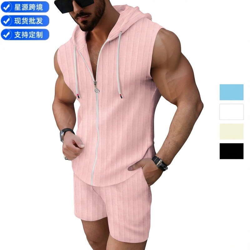 Cross-border Summer New Fashion Men's Hooded suit Zipper T-shirt Plaid Sleeveless Vest Shorts Two-piece Set