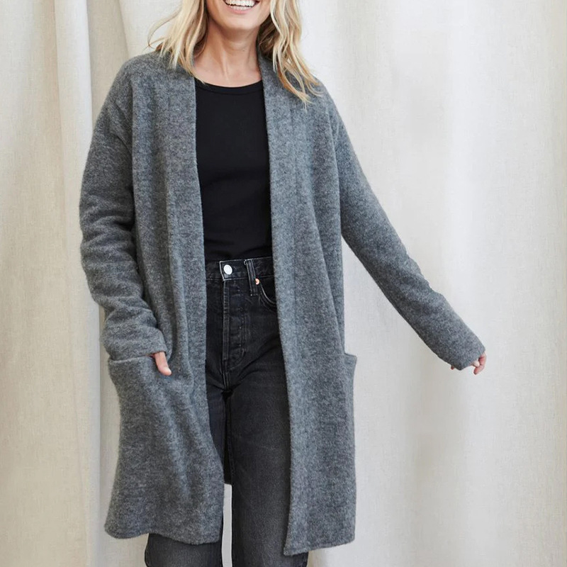 Elegante einfarbige Strickjacke für Damen – Weicher Pullover aus Acrylstrick mit offener Vorderseite – Modeoberbekleidung für Herbst und Winter in Braun, Beige, Grau und Schwarz_voghion.com