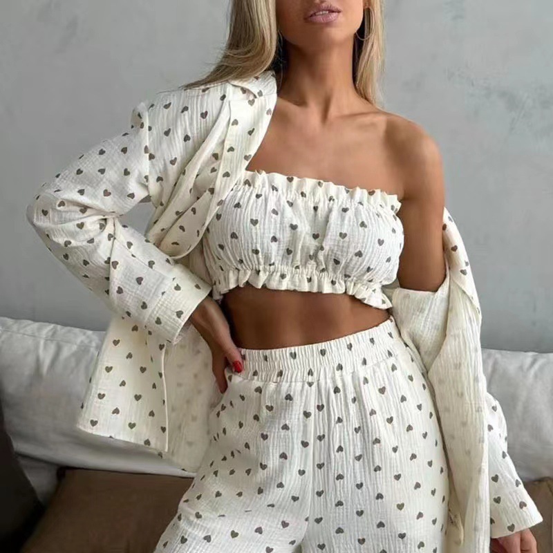 European and American Cross-border Printed Comfortable Casual Three-piece 2025 Strapless Cardigan Nightgown Pants Women's Home Clothes