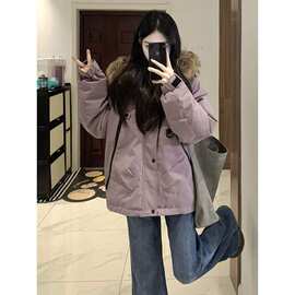 美式复古紫色大毛领派克棉服女2026冬季新款宽松加厚保暖工装棉衣