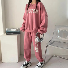 批发圆领套装女休闲字母纯色加绒卫衣束脚韩版春秋冬两件套运动服