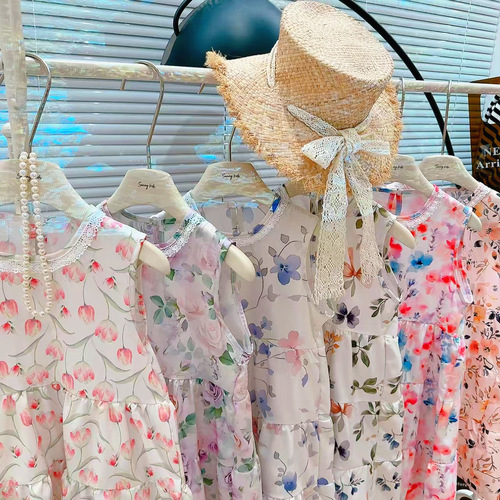 Summer 2025 New Arrival Korean Style Sleeveless Round Neck Personality Medium and Large Children Lace Edge Floral Print Dress for Girls