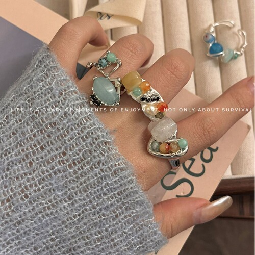 New Chinese-style handmade bead natural stone open overlay ring for women, Instagram versatile cool-colored ring