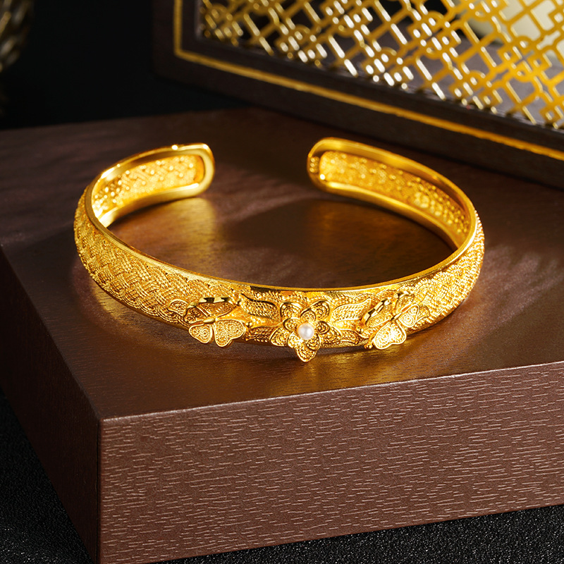 Antigua pulsera de bendición de loto clásico chino de oro de arena, pulsera de lujo ligero de temperamento de alta gama para mujer