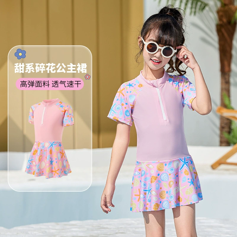 Лето 2025 г., цельный купальник для девочек, солнцезащитный быстросохнущий купальник для детей среднего и старшего возраста, учащихся младших классов средней школы и детское снаряжение для плавания.