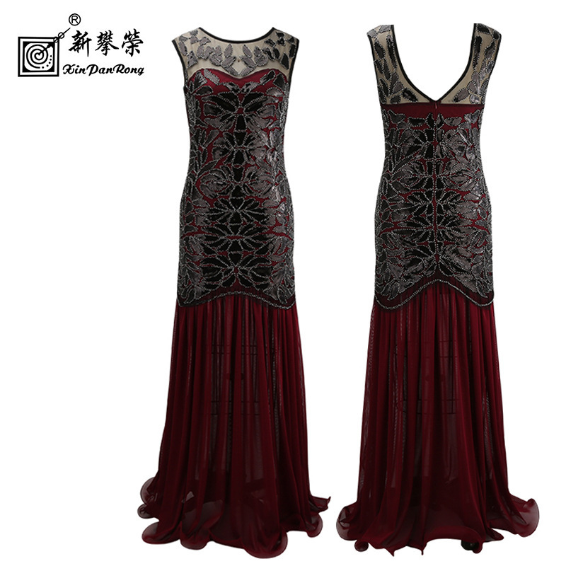 European and American annual meeting dinner sexy sequined evening dress 1920s Gatsby ball sequined beaded dress long dress European and American annual meeting dinner sexy sequined evening dress 1920s Gatsby ball sequined beaded dress long dress