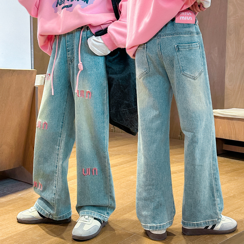 A1139-早阳童2024春季新款女童长裤时髦洋气粉色刺绣牛仔裤中大童