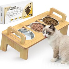 竹制猫碗架三碗猫粮碗水碗架落地式护颈防呕吐家用猫碗增高架带碗
