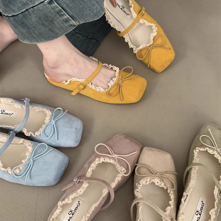 Zapatos de mujer de noche suave plano francés Mary Jane semi-pantuflas Zapatos individuales con lazo Zapatos de ballet azul retro de primavera y verano