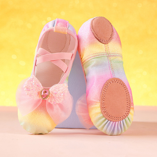 Children's dance shoes Children's rainbow ballet soft sole practice shoes Girls 'China dance performance anti-slip cat claw dance shoes