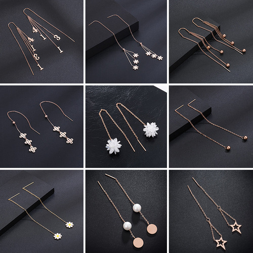 Korean Style Elegant Zircon Love Ear Line Women's New Thin and Long Butterfly Tassel Earrings Wholesale Fashion Titanium Steel Earrings