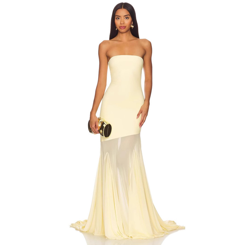 2025 Europe and the United States new cross-border women's tube dress slim sexy hip mesh solid color dress independent station 2025 Europe and the United States new cross-border women's tube dress slim sexy hip mesh solid color dress independent station